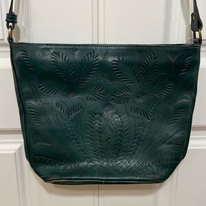 Leaders in Leather Green Hand Tooled Bucket Tote Cross Body Bag Purse